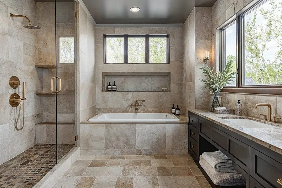 Contemporary bathroom renovation with freestanding tub and mosaic tile accent wall