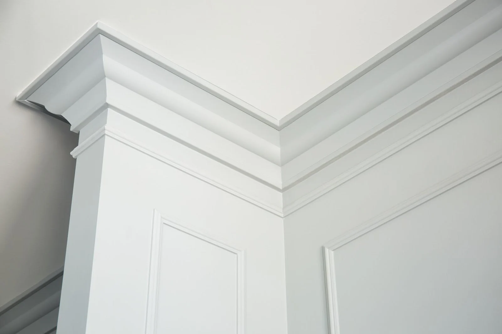 Detailed crown molding with dentil pattern in formal dining room